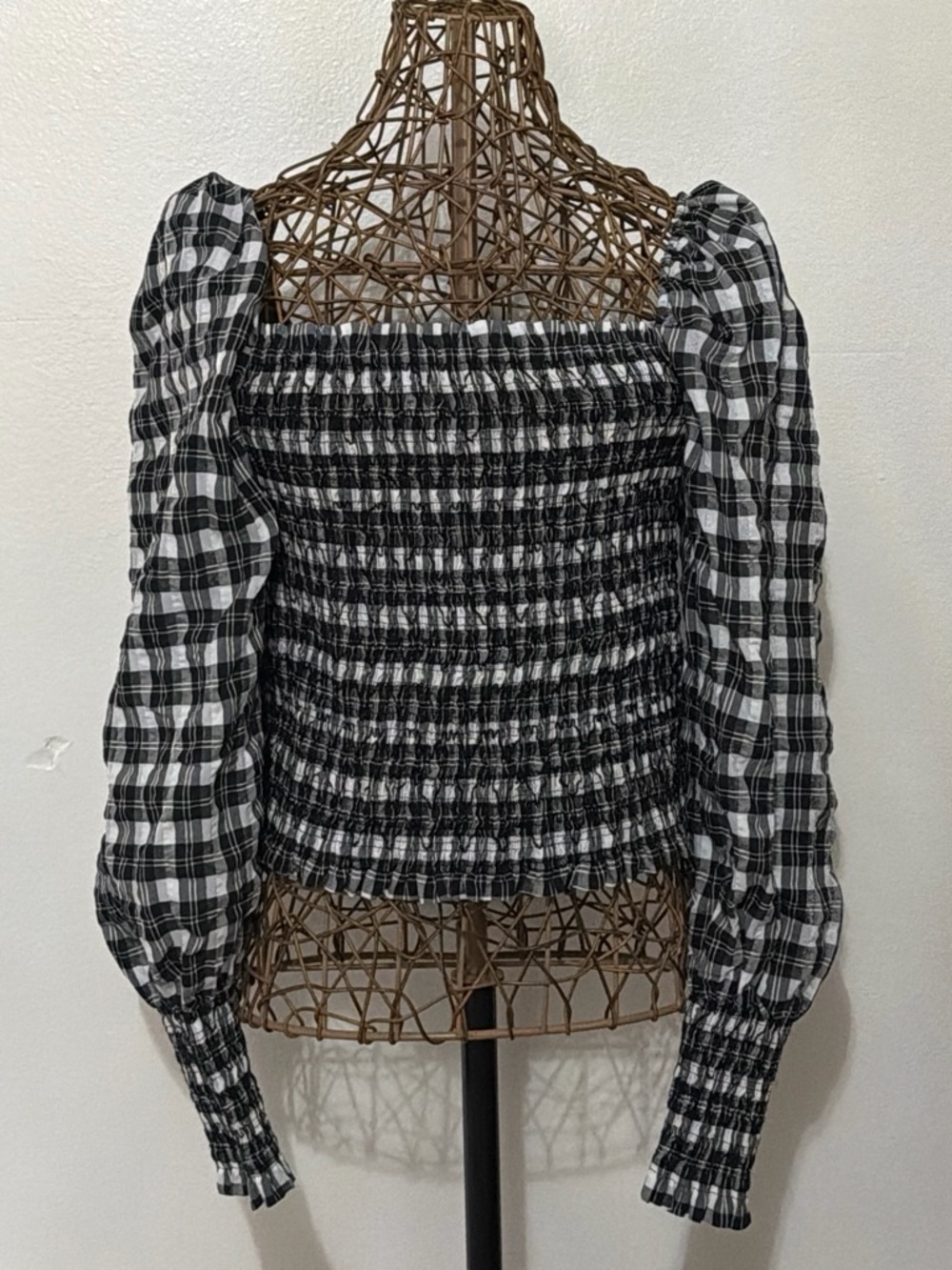 Black & White Smocked Plaid Long-Sleeve Top